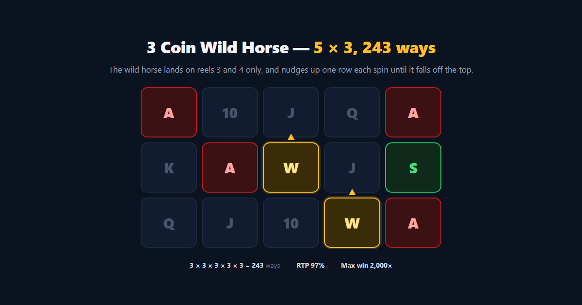 The 5x3 board of 3 Coin Wild Horse, with the wild horse on reels 3 and 4